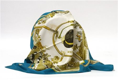 HERMÈS 
Foulard in seta "Meutes", Philippe Ledoux 1971, fondo avorio bordo verd