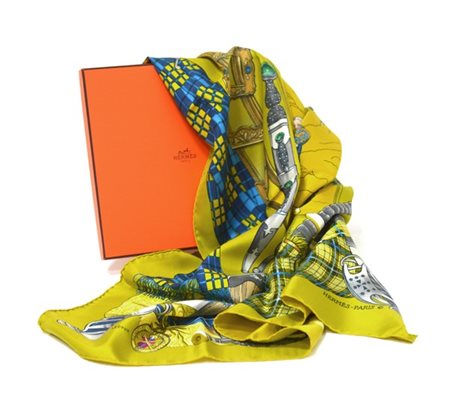 HERMÈS 
Foulard in seta "Scotland" Philippe Ledoux 1963, su base verde acido, c