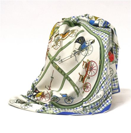 HERMÈS 
Foulard in seta "Les Voitures Nouvelles" Jacques Eude 1961, nei toni de