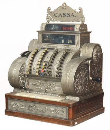 Registratore di cassa americano in metallo nichelato interamente decorato a mot