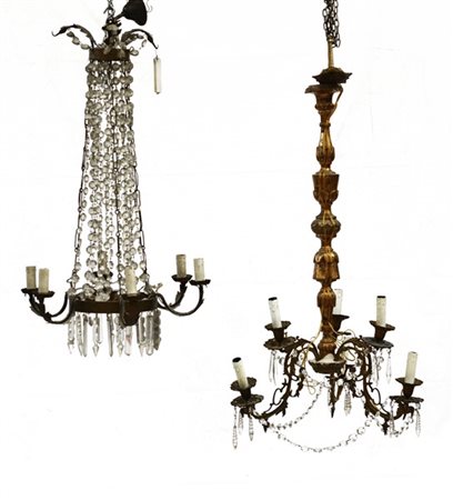 Lotto composto da due lampadari di diversa epoca e decoro (difetti)