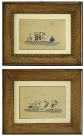 coppia di litografie a colori (cm 22x34) raffiguranti scene di vita popolare, i