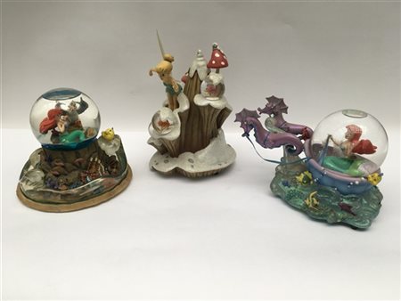 Tre carillon Disney con snowglobe a tema "Trilli" e "La Sirenetta", resina poli