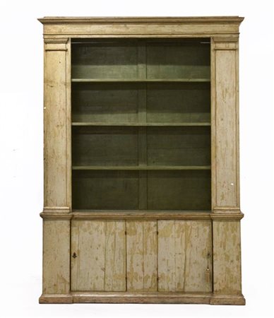 Antica libreria a due corpi in legno laccato, parte superiore con montanti a le