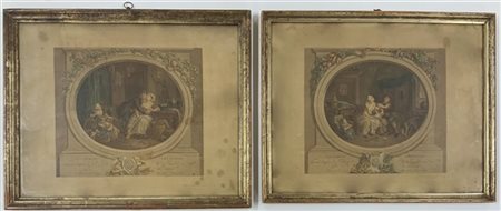 Coppia di incisioni francesi a colori (cm 40x50) raffiguranti scene galanti, in