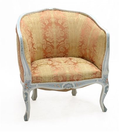 Poltrona a pozzetto in legno laccato azzurro e fiori policromi, rivestito in te