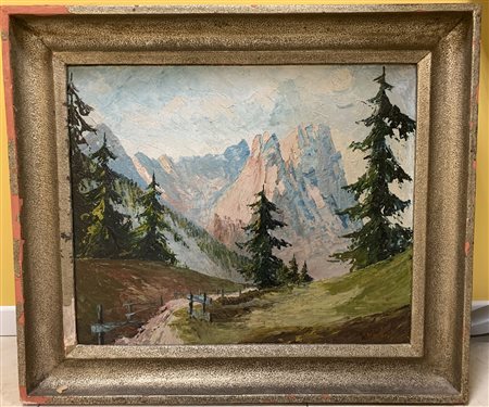 Firma indecifrata "Paesaggio montano" olio su tela (cm 51x61) Firmato in basso