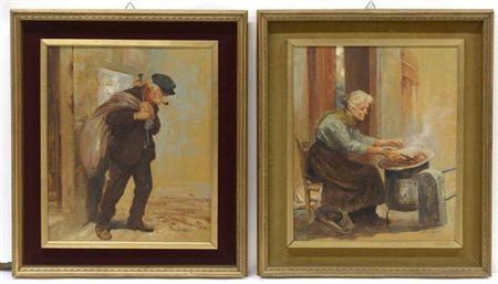 Rinaldo Guizzardi "El strascee" e "La veggia di Peladei" coppia di dipinti ad ol