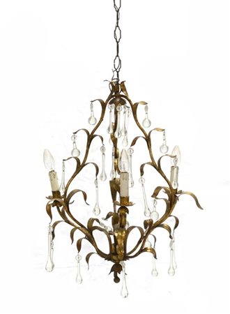 Lampadarietto a tre luci in metallo dorato con gocce in vetro (h cm 65) (difett