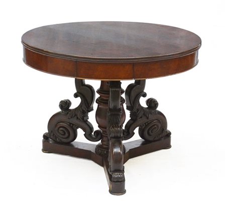 Tavolo tondo tripode con quattro cassetti nella fascia, sostegno a colonna cent