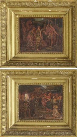 Ignoto "Scena religiosa e scena storica" coppia di dipinti ad olio su tavola (c