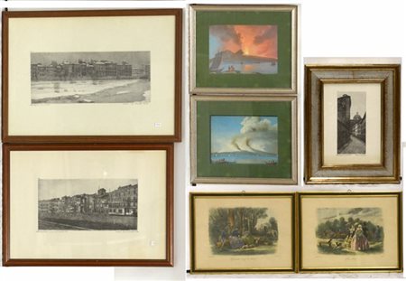 Lotto composto da tre acquaforte non controfirmate, una coppia di stampe france