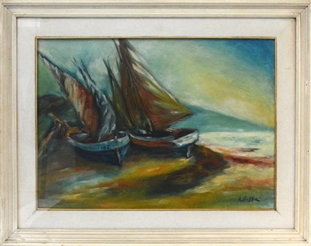 Lotto di tre dipinti ad olio raffiguranti cavalli, barche e galoppo, autori e m