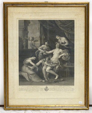 Incisione del sec. XVIII da Guido Reni raffigurante Venere e le Grazie (cm 68x5