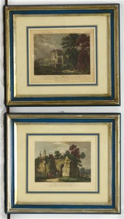 Coppia di incisioni inglesi a colori raffiguranti rovine (cm 24x30) in cornici