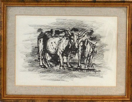 Romano Battaglia "Buoi" tecnica mista su carta (cm 35x50) Firmato in basso a des