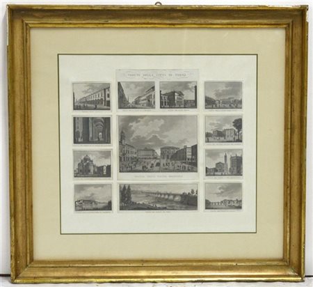 Lotto di dodici incisioni raffiguranti scorci e monumenti della città d Parma,