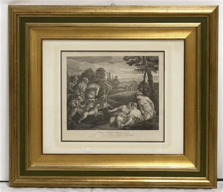 Incisione francese del sec. XIX raffigurante "Diana e Atteone" (cm 36x43) in co