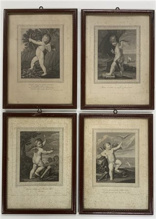 Angelo Zaffonato "Amorini" quattro incisioni in rame da Guido Reni (cm 43x31) i