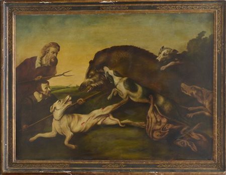 Ignoto "Scena di caccia al cinghiale" olio su compensato (cm 120x160) In cornic