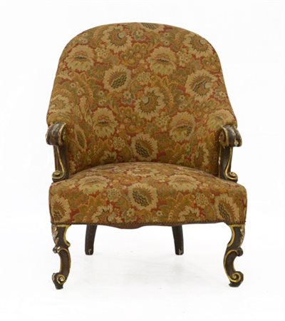 Poltrona a pozzetto con braccioli, montanti e gambe sagomati, laccati con profi