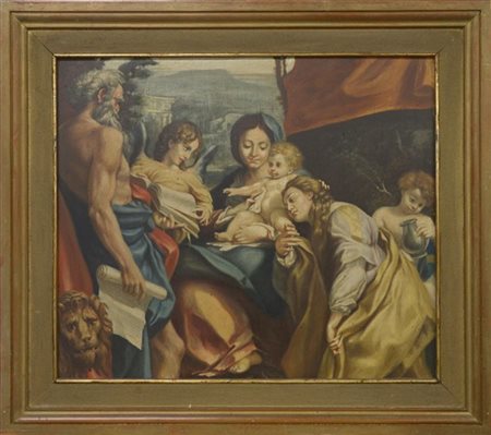 Ignoto "Sacra famiglia e angeli" olio su compensato (cm 73x85) in cornice