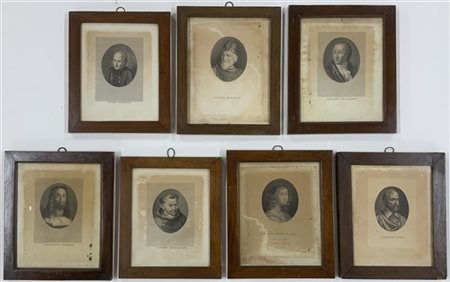 Lotto di sette incisioni raffiguranti ritratti in cornici