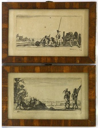 Stefano della Bella, coppia di incisioni (cm 8,5x14,5 il folio) raffiguranti sc