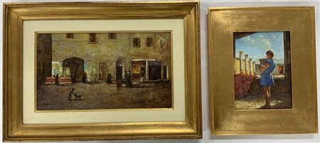 Lotto composto da un dipinto ad olio raffigurante "Strada di paese" firmato G.