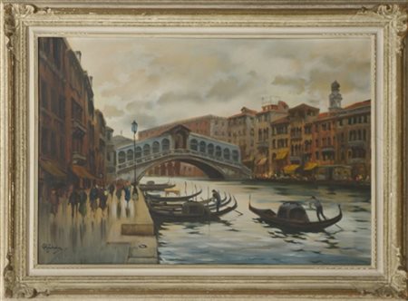 Ivano Bridda "Il ponte di Rialto, Venezia" olio su tela (cm 70x100) Firmato in b