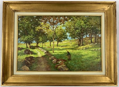 Ignoto del XX Secolo "Il lavoro nei campi" olio su tavola (cm 37x56) In basso a