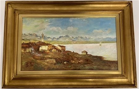 G. Galbusera "Paese sul lago" olio su tavola (cm 30x54) Reca firma in basso a de