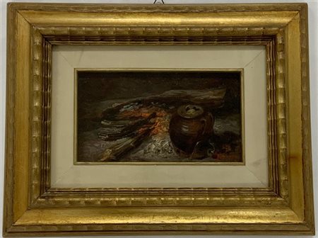 Giacomo Grosso "Il focolare" olio su tavola (cm 11x18)Firmato in basso a destra.