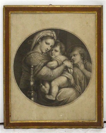 Incisione raffigurante "la Madonna della seggiola" (cm 38x30) in cornice (difet