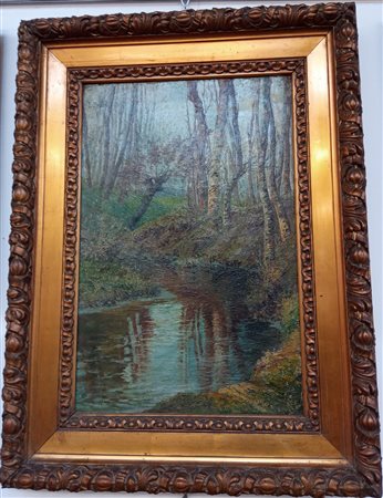 Luigi Prada "Paesaggio con ruscello e betulle" olio su tela (cm 80x51) Firmato i