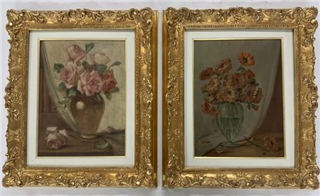Antonio Bonini "Fiori" coppia di dipinti ad olio su cartone telato (cm 40x30) Fi