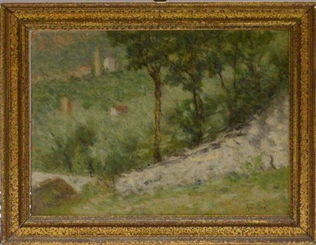 Antonio Curti "Paesaggio" Olio su cartone (cm 18x24) firmato in basso a destra,