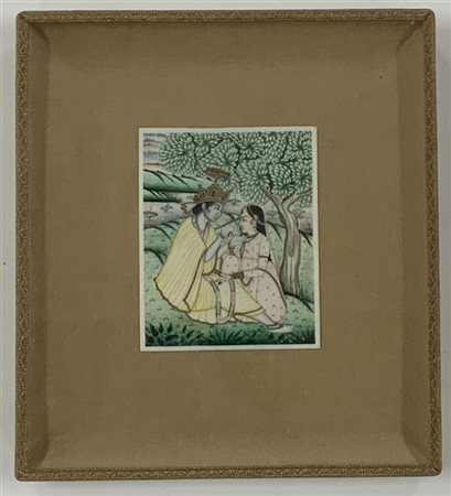 Miniatura indiana dell'inizio del sec XX raffigurante scena galante (cm 10x8) i