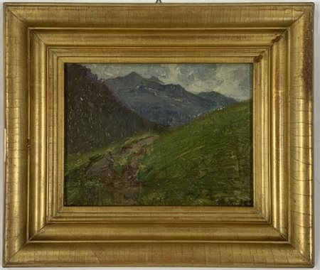 Ignoto del XIX Secolo "Paesaggio montano" 8.?.96, olio su cartone pressato (cm