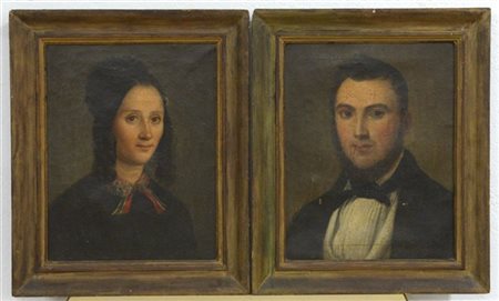 Ignoto del XIX Secolo "Gentiluomo e gentildonna" coppia di dipinti ad olio su t