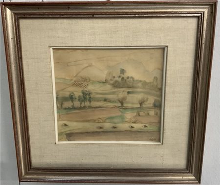 Alberto Salietti "Paesaggio" tecnica mista su carta (cm 19x21) Firmato e datato