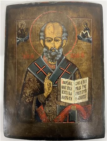 Arte russa del secolo XIX, Santo con libro. Olio su tavola, scritte incise al r