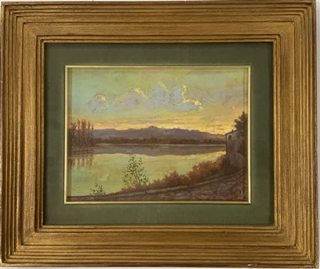 Carlo Servolini "Paesaggio lacustre" '34, olio su compensato (cm 24.5x30) Firmat