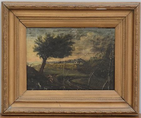 Ignoto "Paesaggio con pastore" olio su tavola (cm 29x36) In cornice (difetti)