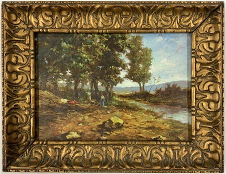 Alfonso Muzii "Al fiume" olio su tavola (cm 26.5x36) Firmato in basso a destra.