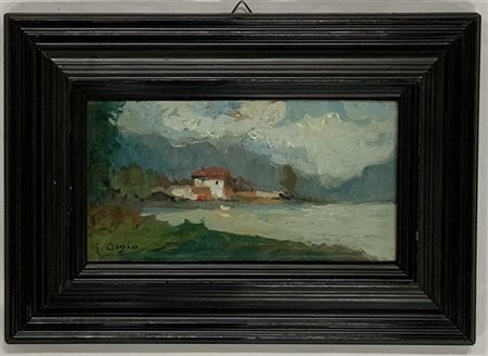 Giuseppe Omio "Lago di Mezzola" dipinto ad olio (cm 12x21) Firmato in basso a si