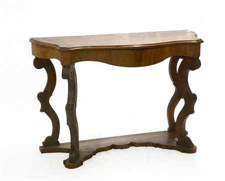 Consolle di forma sagomata ad un cassetto, gambe sagomate poggianti su pianetto