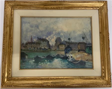 Cirano Castelfranchi "Darsena ticinese" olio su tela (cm 30x40) Firmato in basso