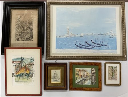 Lotto composto da una stampa raffigurante "Scena di battaglia" tre acqurelli ra