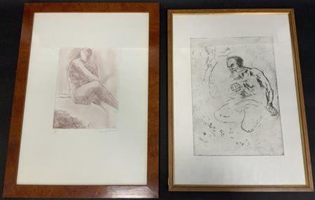 AA. VV. "Vecchio in ginocchio" e "Figura" due litografie monocrome firmate, mis